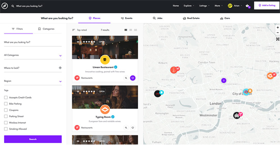 3 columns search, list of ads found and their location on the map