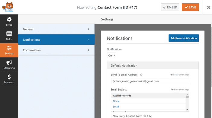 WPForms will send an email