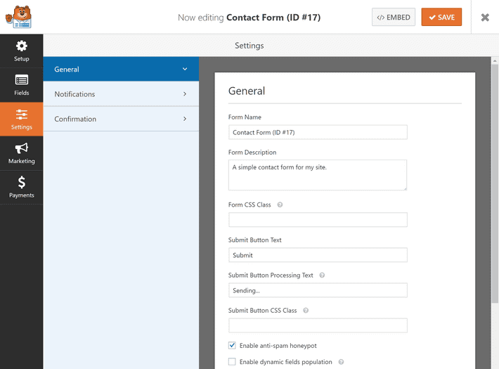 WPforms settings