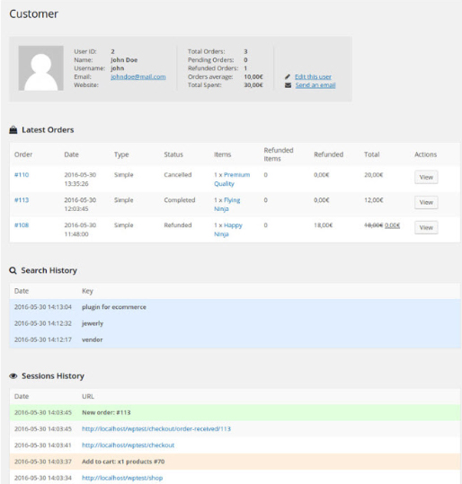 WooCommerce Customer History - Customer details page