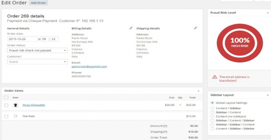 Yith Woocommerce Anti-fraud - Order detail page